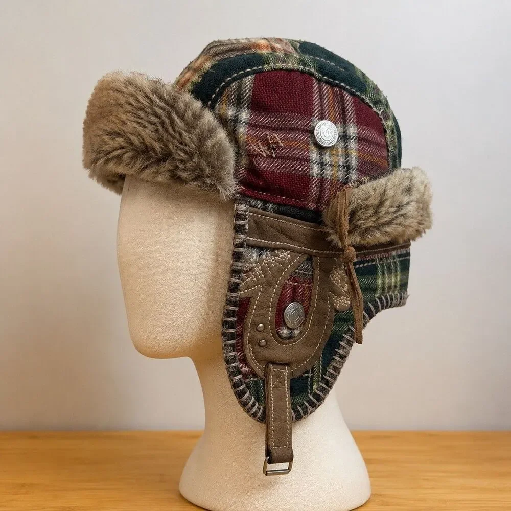 Vintage Y2K True Religion Patchwork Plaid Faux Fur Trapper Aviator Hat OS